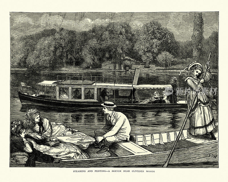 维多利亚时代，克莱夫登森林泰晤士河上的蒸汽和平底船