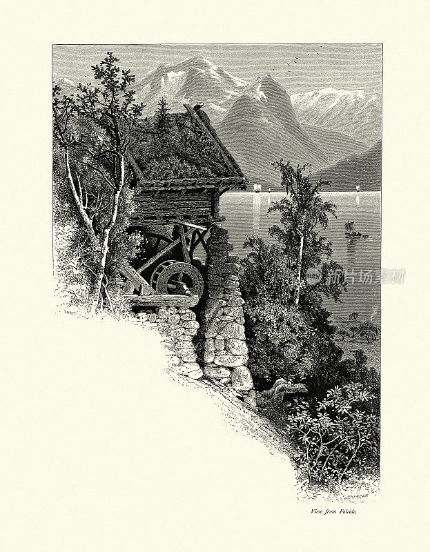 磨坊，船，风景如画的山景从Faleide，挪威，19世纪