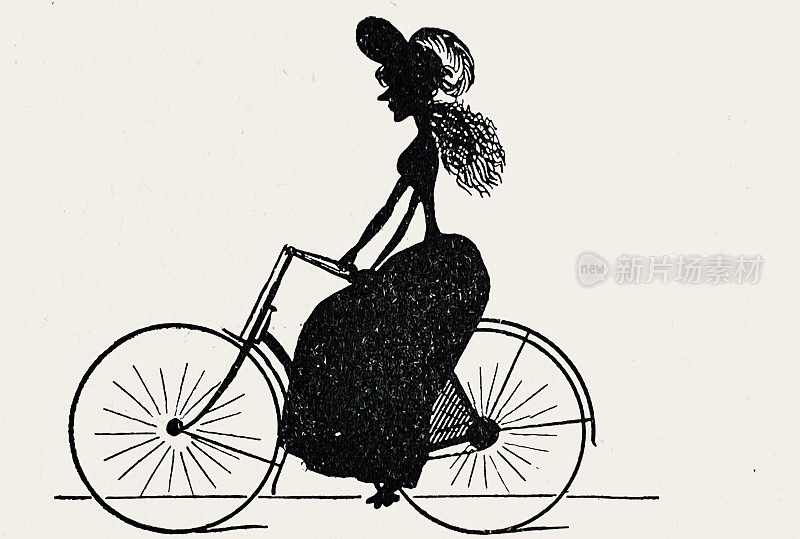 骑着自行车的女人，白色背景上侧面的剪影