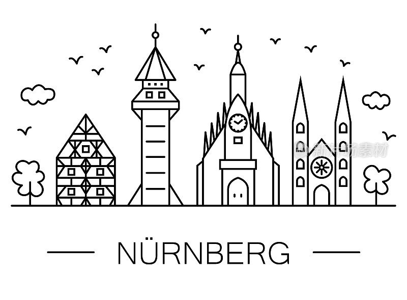 纽伦堡城市景观线条艺术:著名建筑——城市符号。黑白画直线。