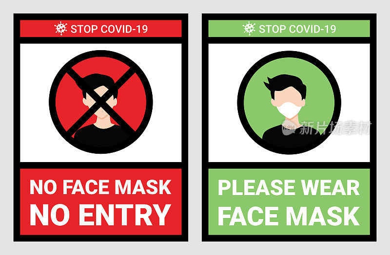 不戴口罩，不进入防护范围。警示标志用于警示人们或游客在进入商店、超市区域前要小心佩戴口罩