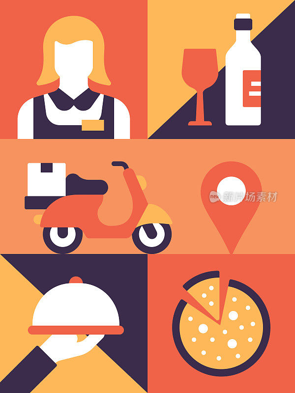 餐厅，食物和饮料相关的平面风格矢量插图