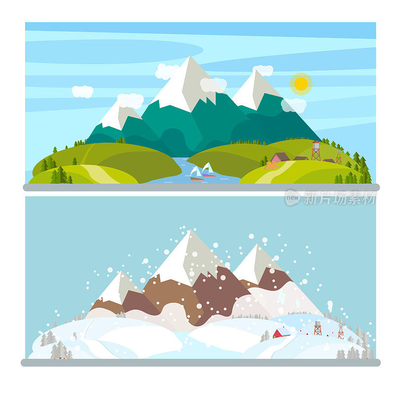 阿尔卑斯山的风景。可以看到山，湖，河。湖上帆船，高山草甸，雪山，高山村，尼斯。矢量草图平集。