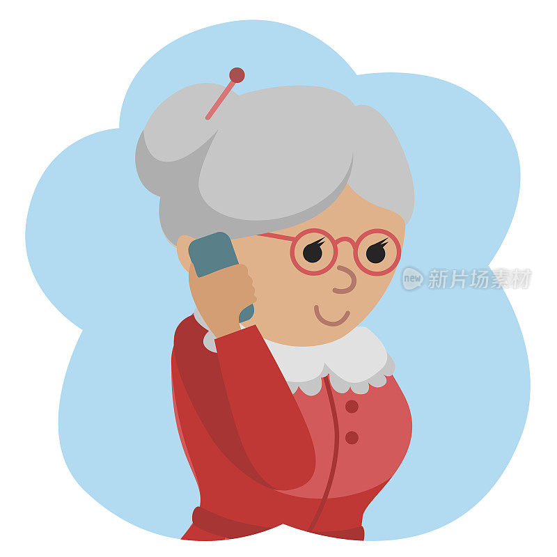 老年妇女使用电话的插图。