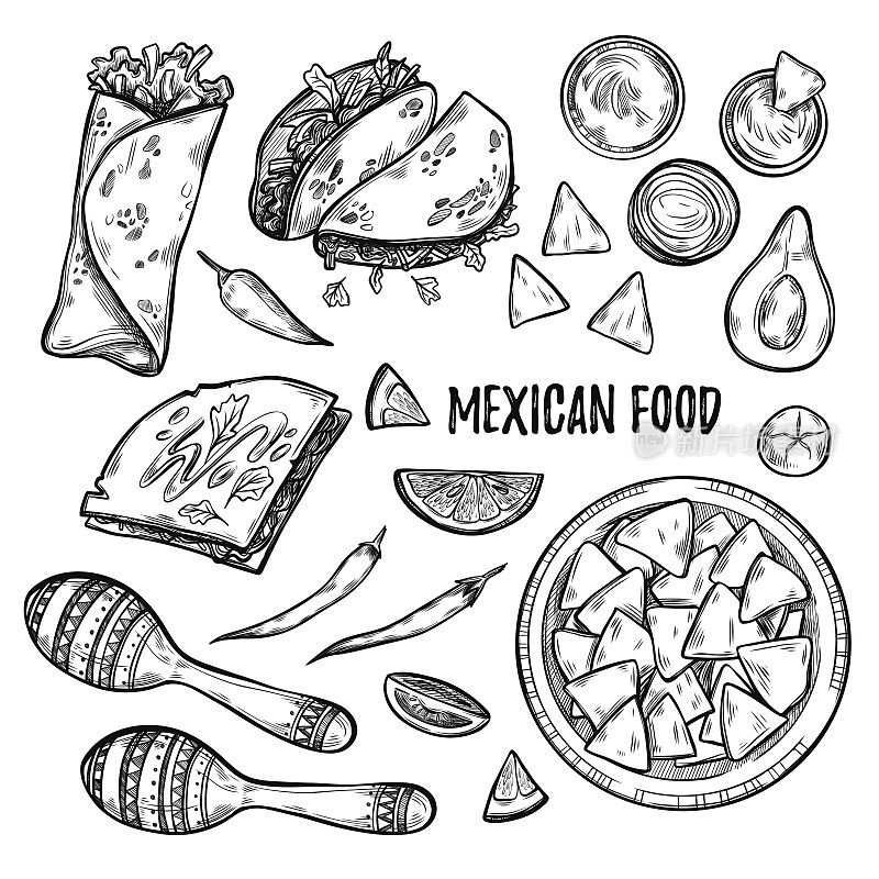 手绘矢量插图-墨西哥食物