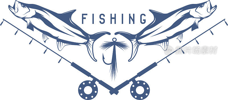 钓鱼复古矢量插图与海鲢鱼，诱饵和f