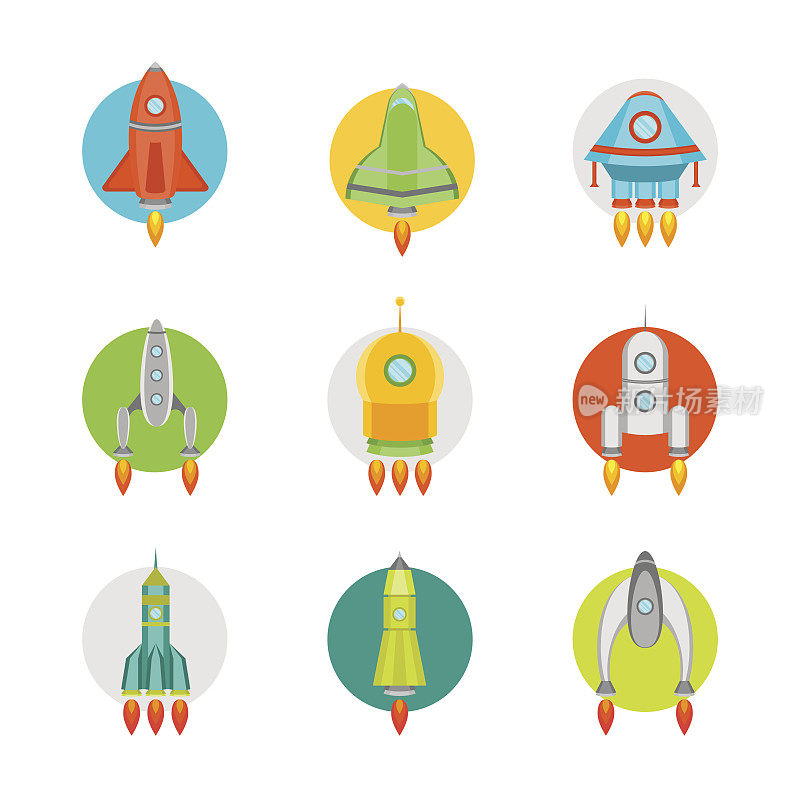 卡通宇宙飞船或火箭颜色图标集。向量