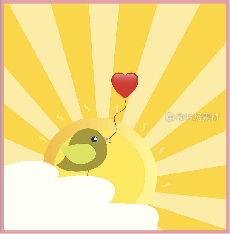 绿色的鸟和一个红色的心形气球