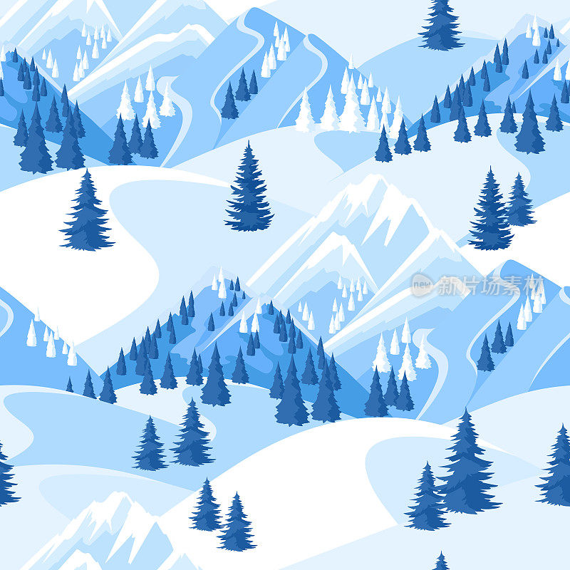 冬天无缝模式。美丽的风景有雪山和冷杉林