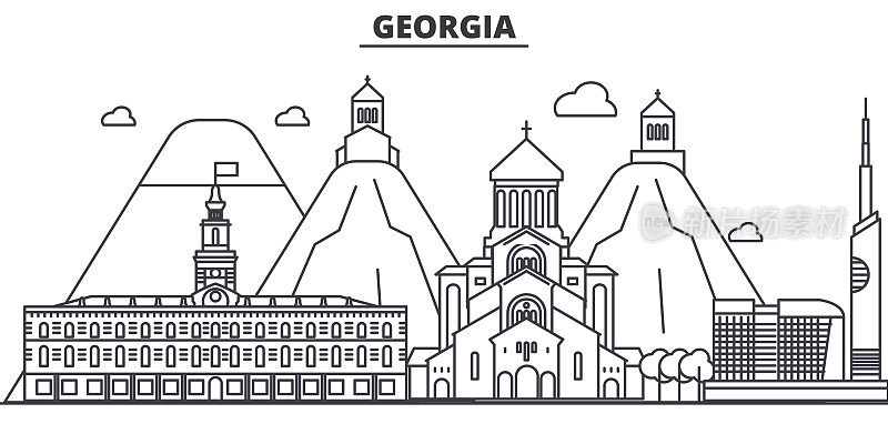 乔治亚州建筑线天际线插图。线性向量的城市景观与著名的地标，城市景观，设计图标。风景与可编辑的笔触