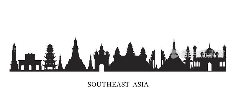 东南亚地标天际线在黑白剪影