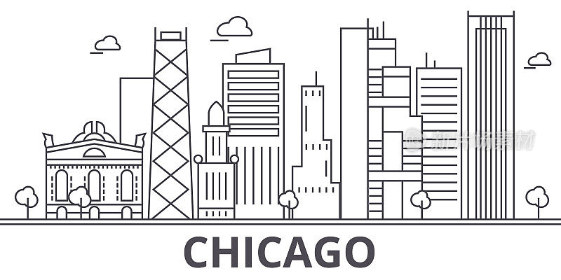 芝加哥建筑线天际线插图。线性向量的城市景观与著名的地标，城市景观，设计图标。风景与可编辑的笔触
