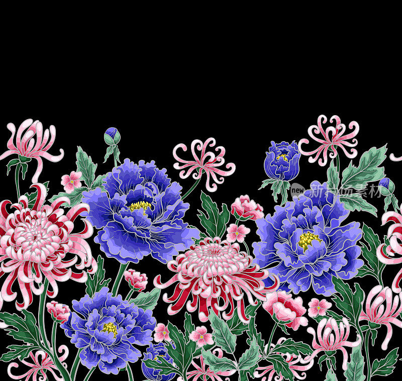 矢量手绘无缝绘制菊花和牡丹图案。用于服装设计、印花或其他。