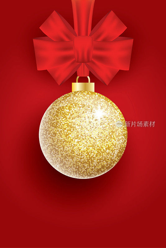 圣诞金晶圣诞球和红色的蝴蝶结在红色的背景。