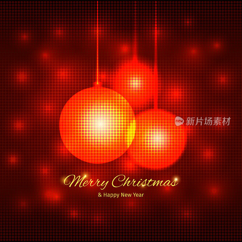 圣诞和新年贺卡与散焦圣诞球，在马赛克红色的背景，井然有序的层