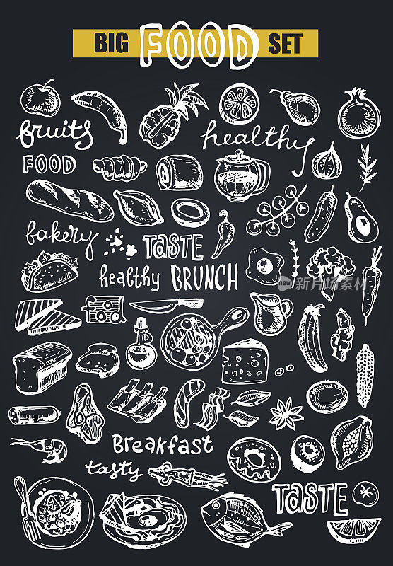 手绘涂鸦食物插图。健康的食物