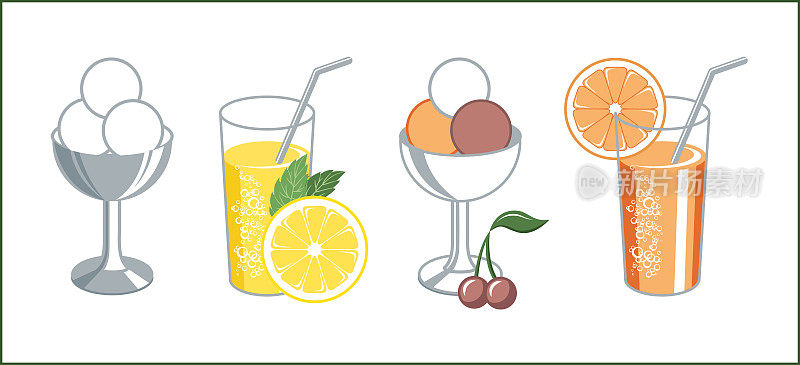 一套复古的图标柠檬水在一个玻璃杯和水果和香草冰淇淋在一个花瓶
