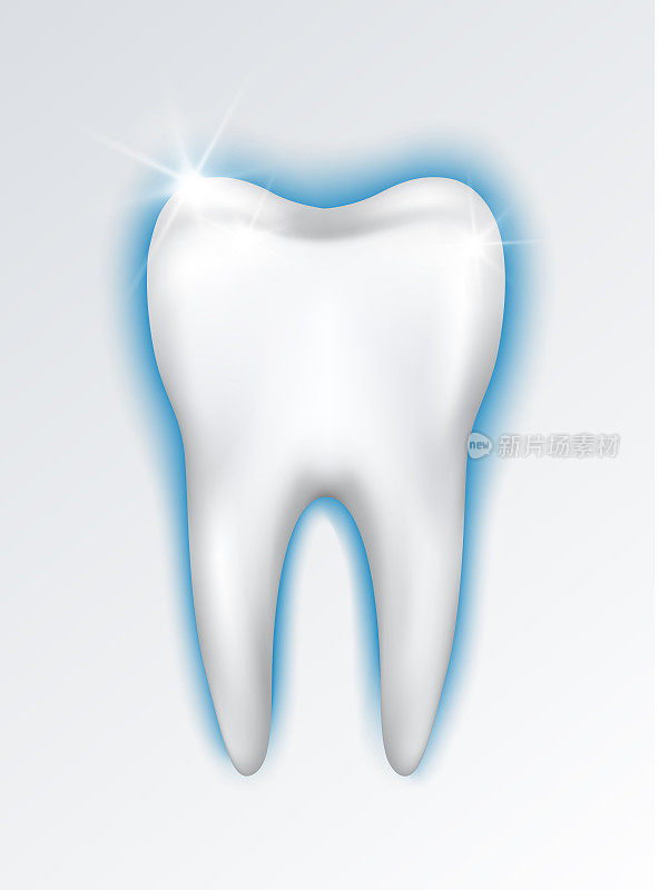 矢量现实的牙齿插图与蓝色辉光保护，美白