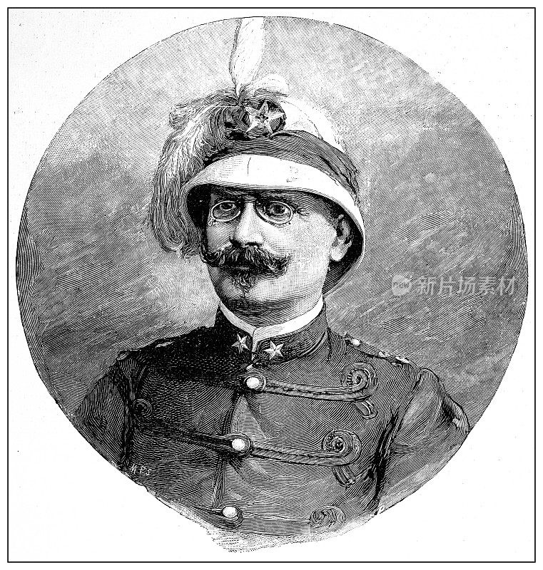 第一次意大利-埃塞俄比亚战争(1895-1896)的古董插图:维托里奥・达・博尔米达将军