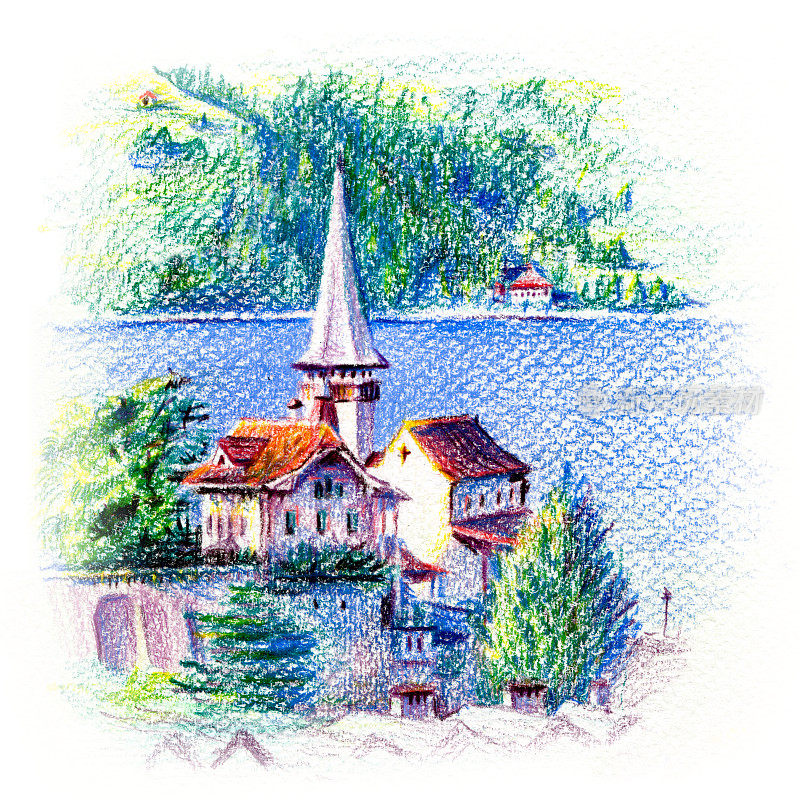 瑞士图恩湖上的斯皮兹教堂