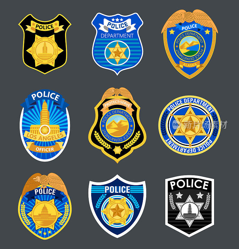 警察徽章设置矢量。警长，法警标签插图。国庆节执法标志。管理员,警察徽章。