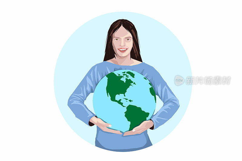 女子在白色背景上抱着孤立的地球