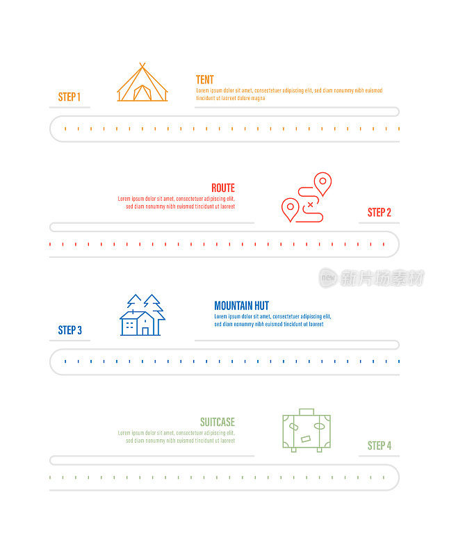 信息图表设计模板。帐篷，路线，山小屋，手提箱图标有4个选择或步骤。