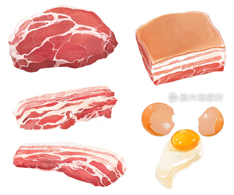 新鲜牛肉，五花肉和鸡蛋。插图绘画。