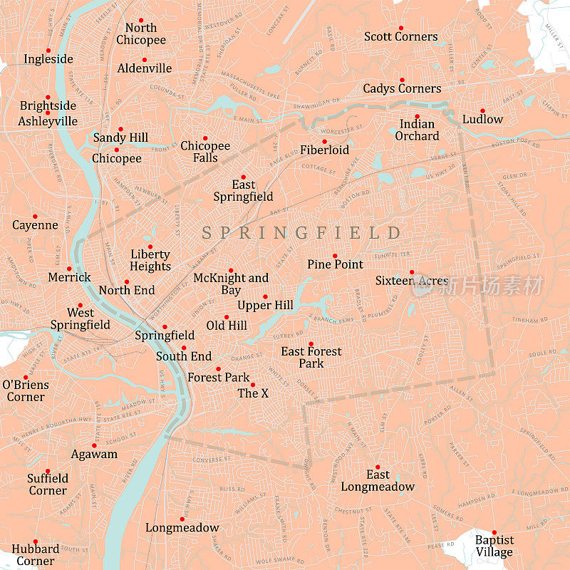 马萨诸塞州汉普顿斯普林菲尔德矢量路线图