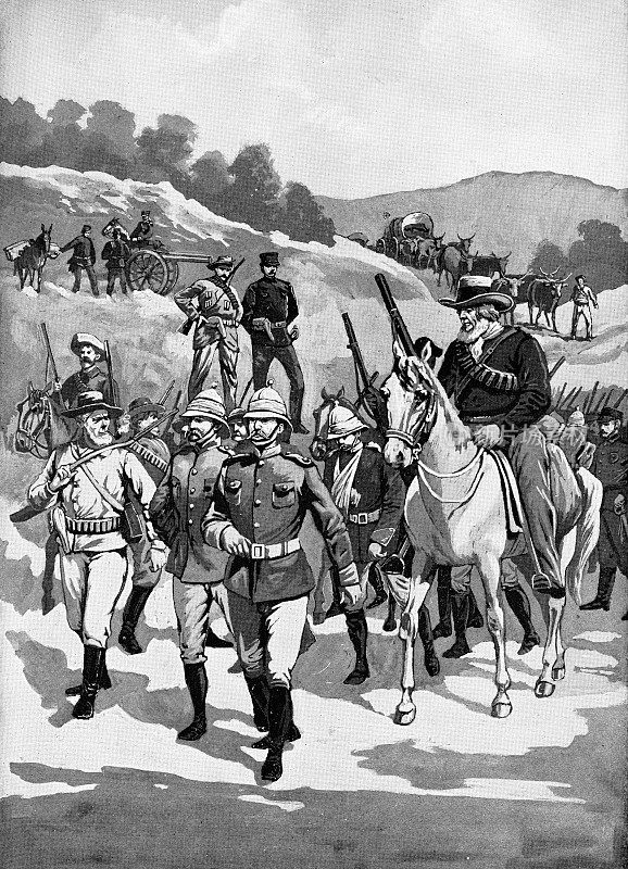 19世纪南非第一次布尔战争中与第一批英国俘虏的布尔突击队