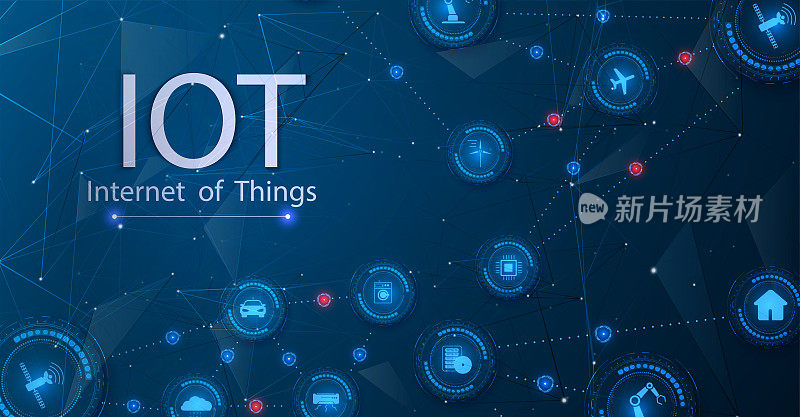 物联网(IoT)和联网概念的连接设备。蜘蛛网般的网络连接在未来的蓝色背景上。信息技术的无线连接。向量