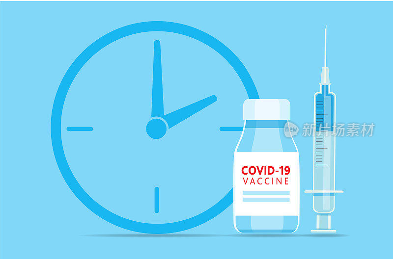 Covid-19流感病毒疫苗注射器和图标与时钟预约时间