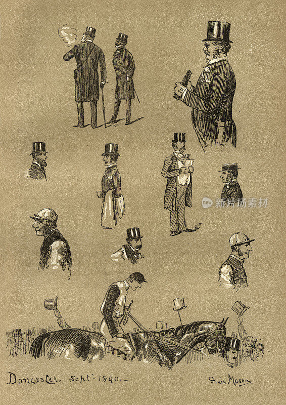 唐卡斯特赛马场的素描，赛马，骑师，观众，19世纪