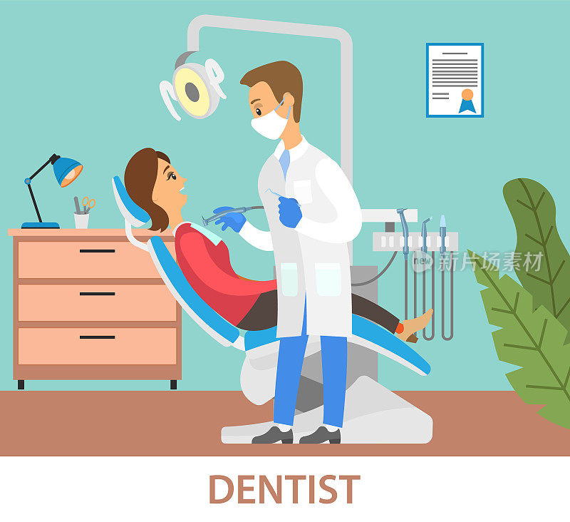 牙医用设备检查牙齿。女病人躺在诊所牙科椅上