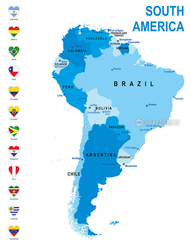 南美洲的蓝色地图与白色背景的心形旗帜