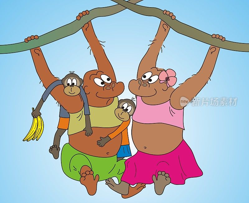猴子挂在藤蔓上，有趣的插图，eps。
