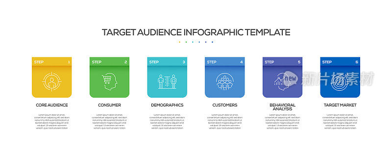 目标受众相关过程信息图表模板。过程时间图。带有线性图标的工作流布局