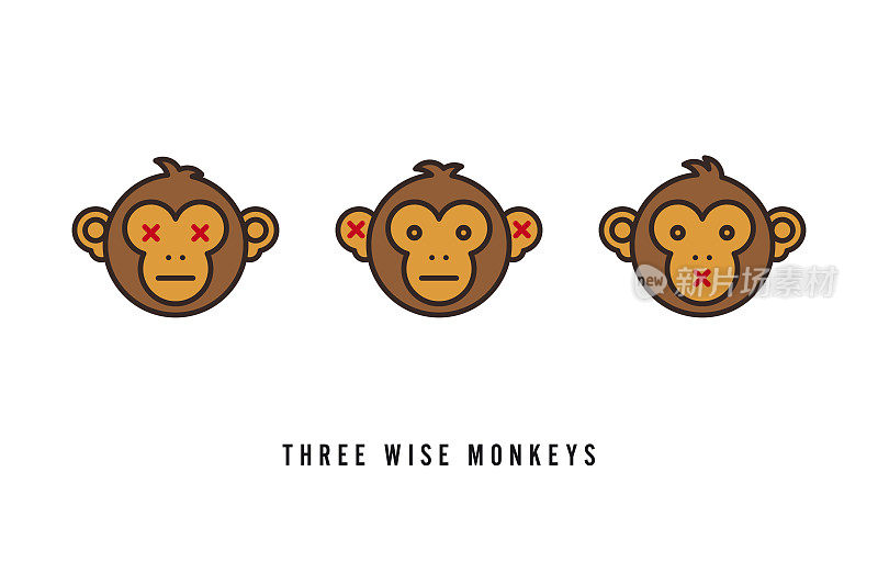 三个聪明的猴子极简矢量插图