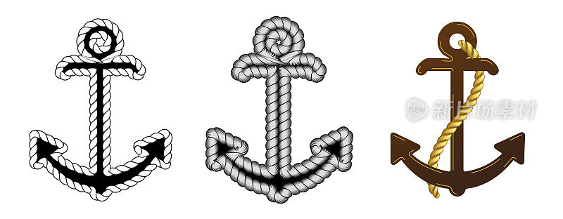 三矢量航海锚集。图标。海上。海洋海洋船插图符号