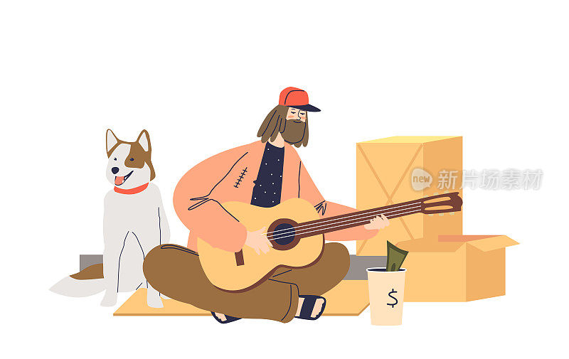 无家可归的流浪汉乞丐唱歌弹吉他乞讨钱为失业的人和狗的食物