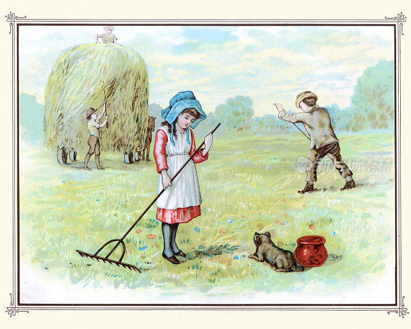 孩子们在田里收割干草，女孩拿着耙子，维多利亚时代的复古插图