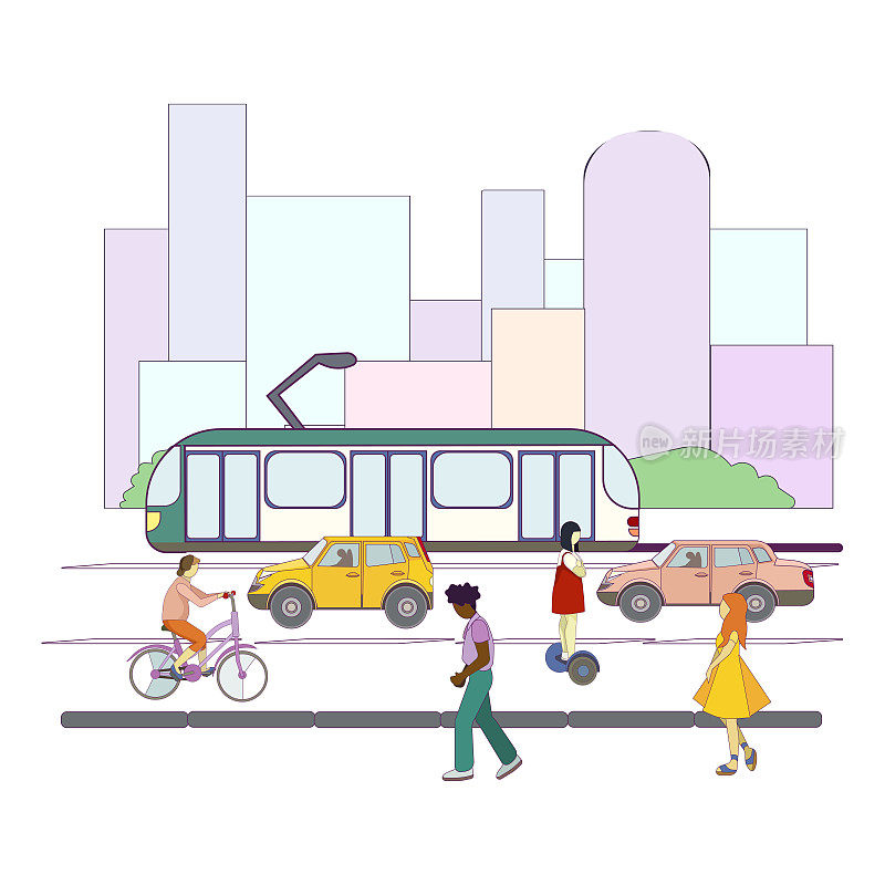 矢量人与城市公共交通在白色孤立背景，行人，有轨电车，汽车，自行车，悬浮滑板卡通风格，城市交通系统的概念，道路交通在大都市。