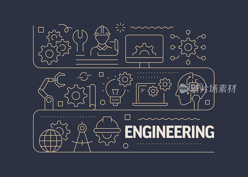 工程相关的矢量横幅设计概念，现代线条风格的图标