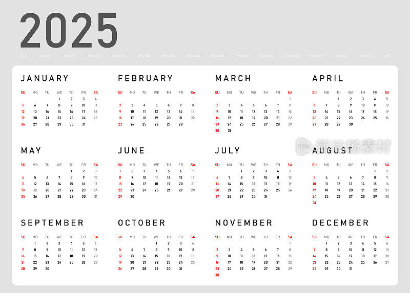 日历2025矢量插图模板。一周从周日开始，