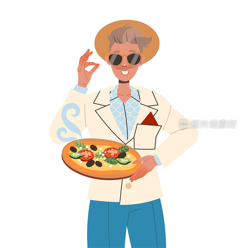 美食旅游与男人的性格在太阳镜持有正宗的意大利披萨盘子矢量插图