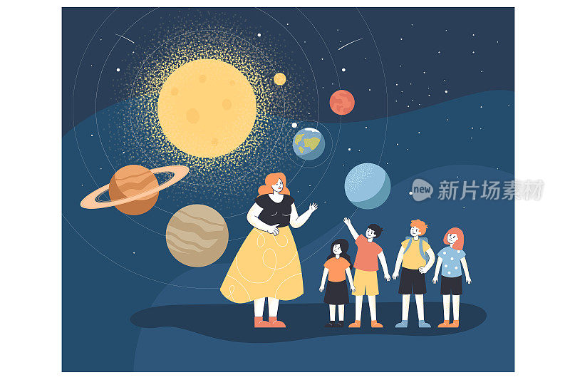 学校老师和孩子们在天文馆学习天文学