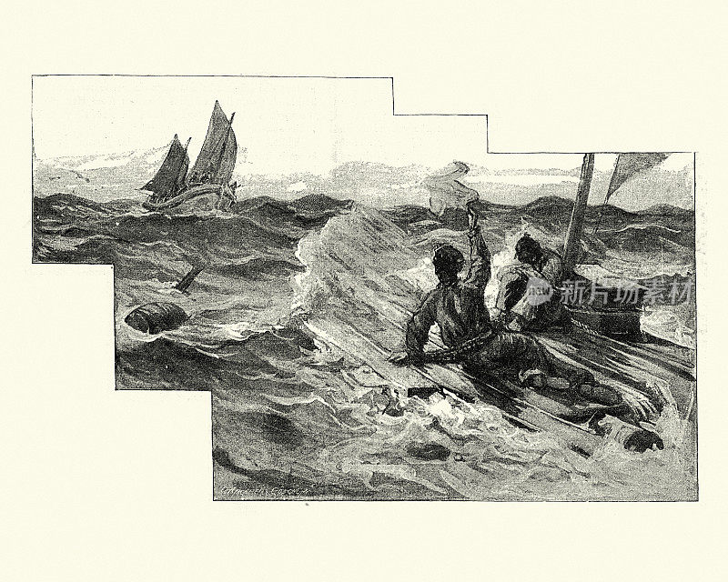 失事的水手在木筏上向救生艇挥手，维多利亚世纪