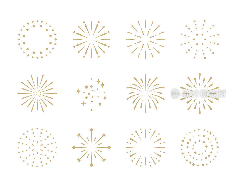 焰火。一套黄金爆竹标志周年，新年，庆祝，节日。白色平面设计。