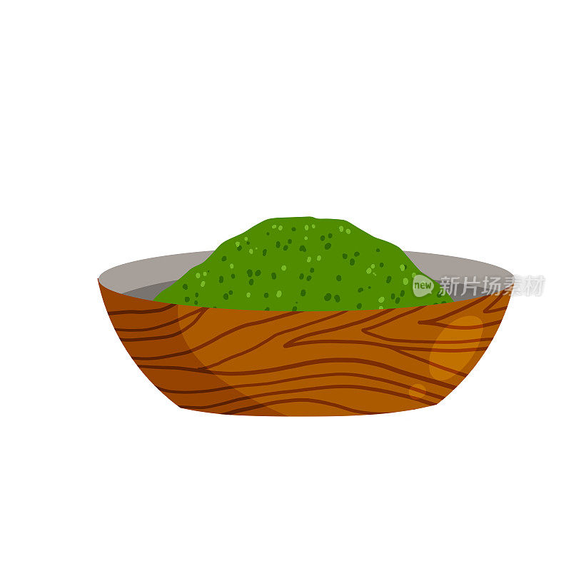 螺旋藻在碗里。盘子里有绿色的海藻。粉状健康食品。对烹饪原料。平的卡通
