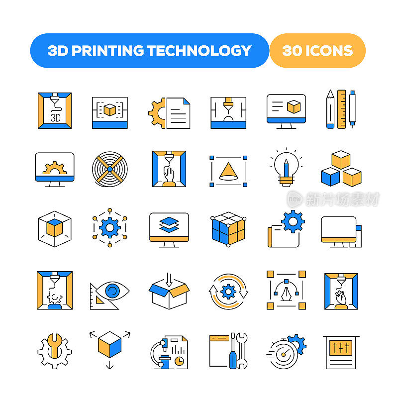 一套3D打印技术相关的平线图标。大纲符号集合